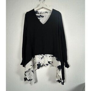 Patrizia Luca Milano Womens Black White V-neck Asymmetric Layered Tunic Top M/L